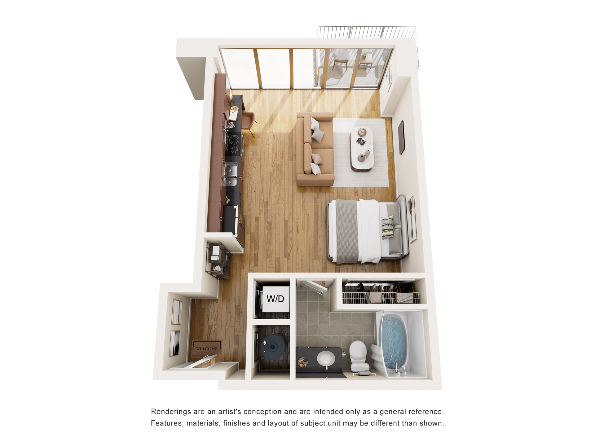 Floor plan for studio, 1 bath, 577 sqft